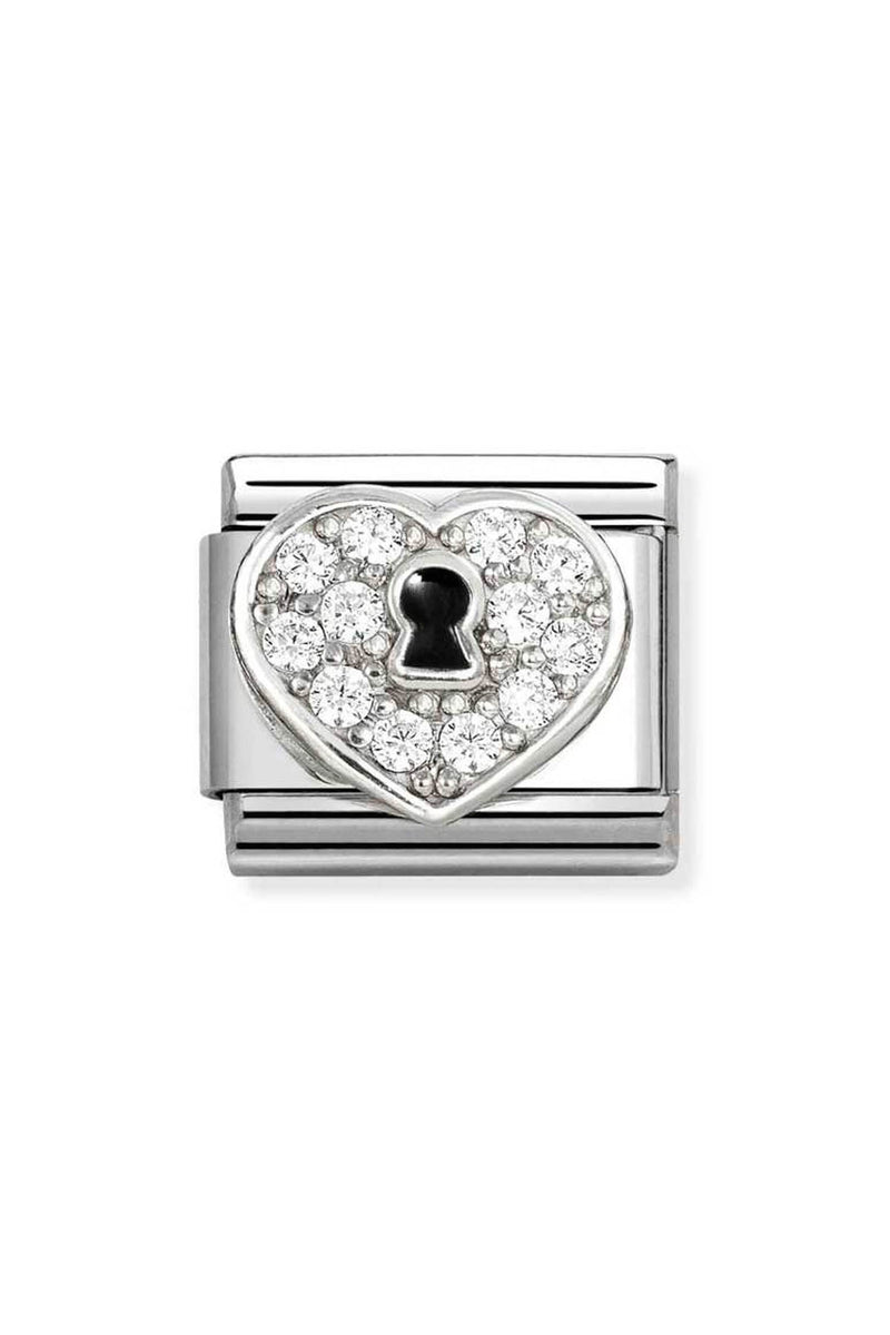 Nomination Composable Symbols Pave` Heart Key Hole' in Steel, Cubic Zirconia and Silver 925