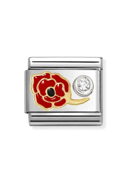 The Nomination Composable Classic Link Red Enamel Poppy With CZ, a red enamel poppy charm in stainless steel with gold accents, from Nomination Italy, at OD’s Jewellers in St Helens
