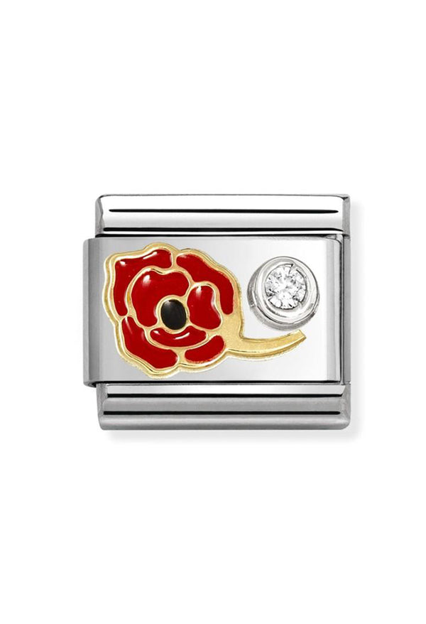 The Nomination Composable Classic Link Red Enamel Poppy With CZ, a red enamel poppy charm in stainless steel with gold accents, from Nomination Italy, at OD’s Jewellers in St Helens