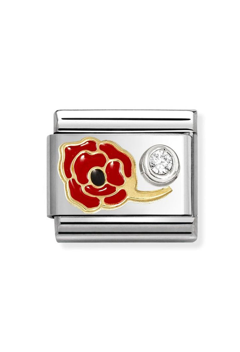The Nomination Composable Classic Link Red Enamel Poppy With CZ, a red enamel poppy charm in stainless steel with gold accents, from Nomination Italy, at OD’s Jewellers in St Helens