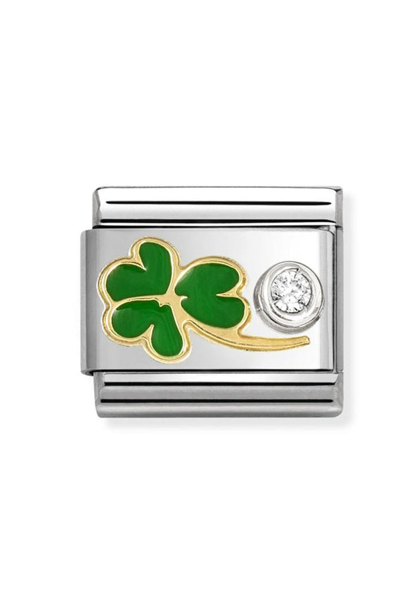 The Nomination Composable Classic Link Green Enamel Shamrock with CZ, a green enamel stainless steel and gold charm from Nomination Italy, at OD’s Jewellers in St Helens.