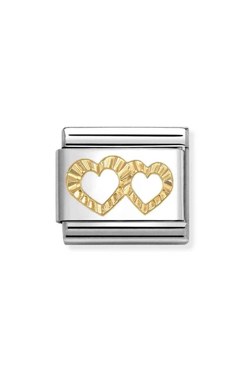 Silver and gold Nomination charm with two linked hearts.