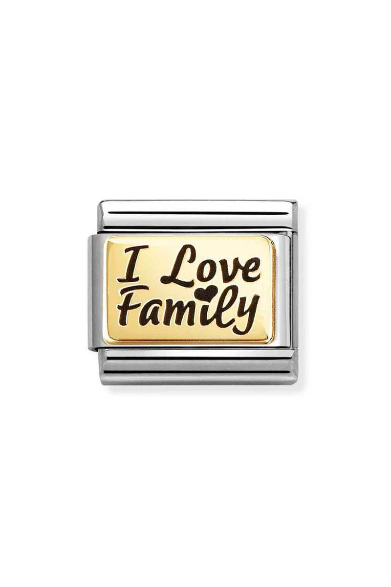 Silver and gold charm bracelet link with "I Love Family" text.
