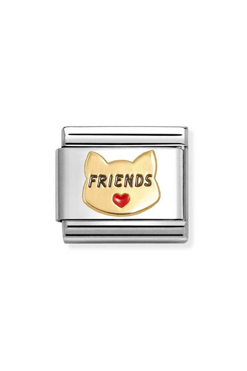 Silver charm with gold cat face and red heart, engraved with "FRIENDS."