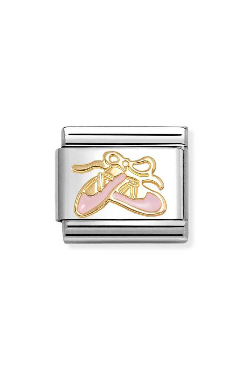Silver charm with pink ballet slippers and gold ribbons.