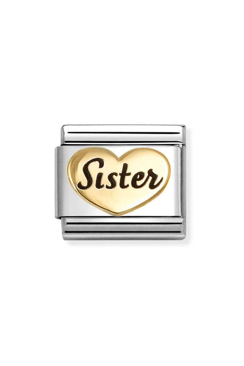 Silver and gold bracelet charm with "Sister" in a heart.