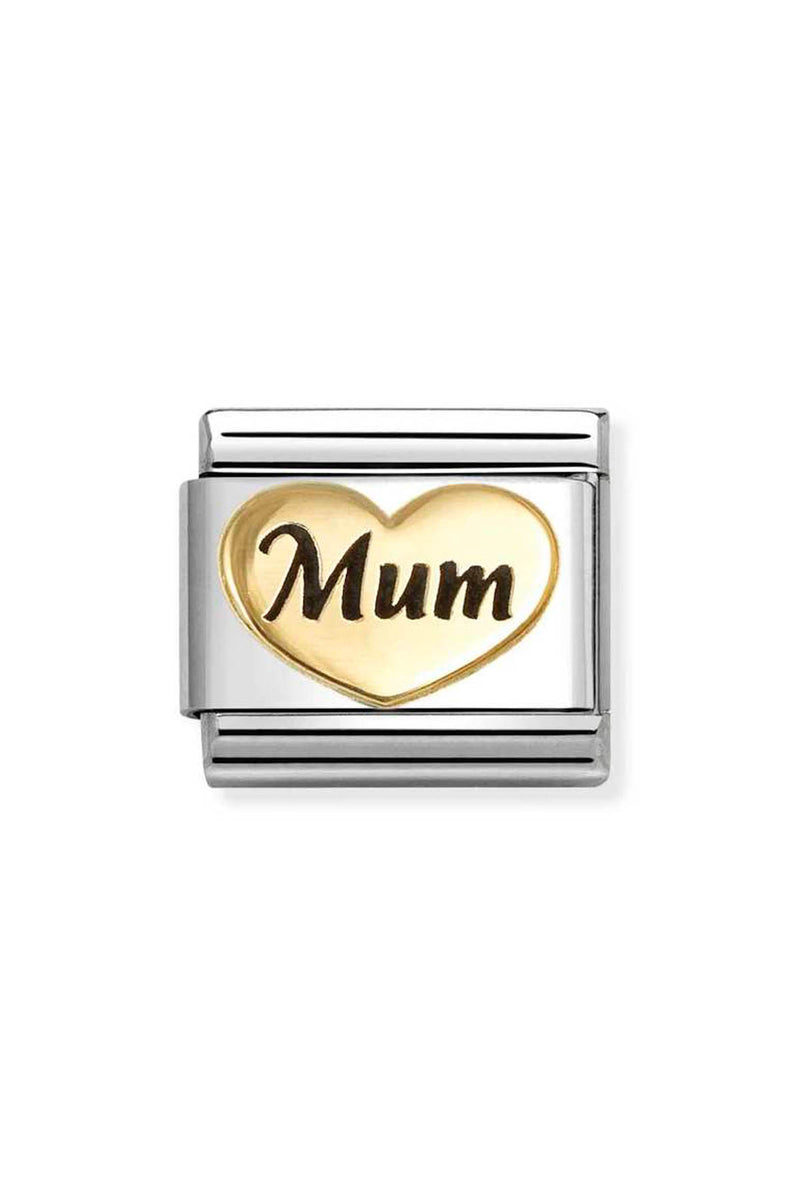 A silver bracelet charm with a gold heart and the word "Mum" written in black.