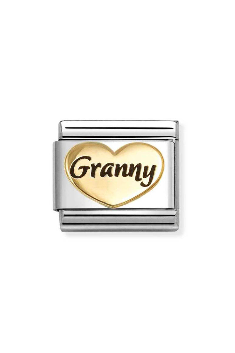 Silver charm with a gold heart and the word "Granny" in brown script.