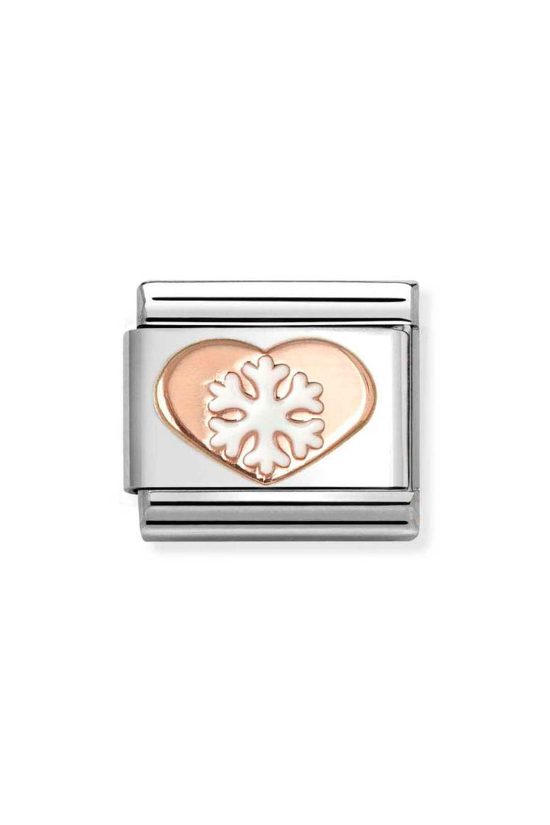 A silver Nomination charm featuring a pink heart and a white snowflake.