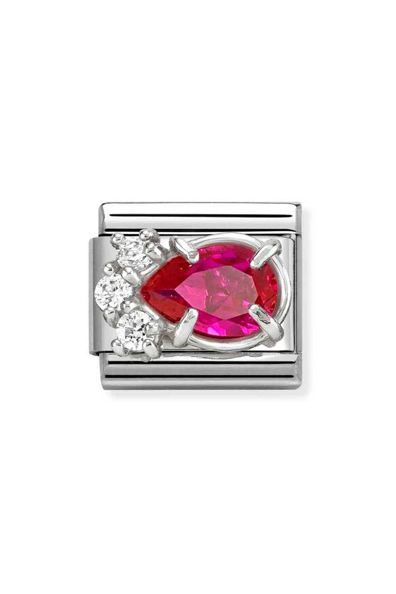 Silver charm with red pear-shaped gem and small white stones.
