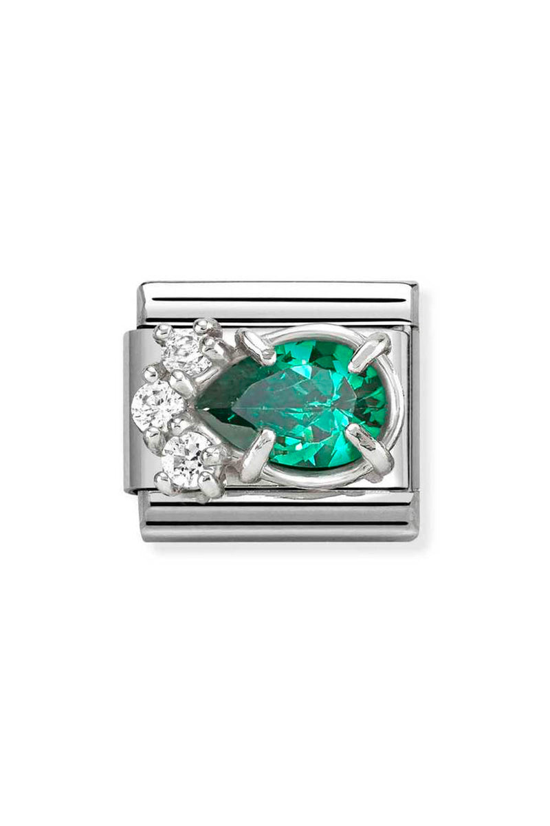 Silver charm with green teardrop gem and small white gems.