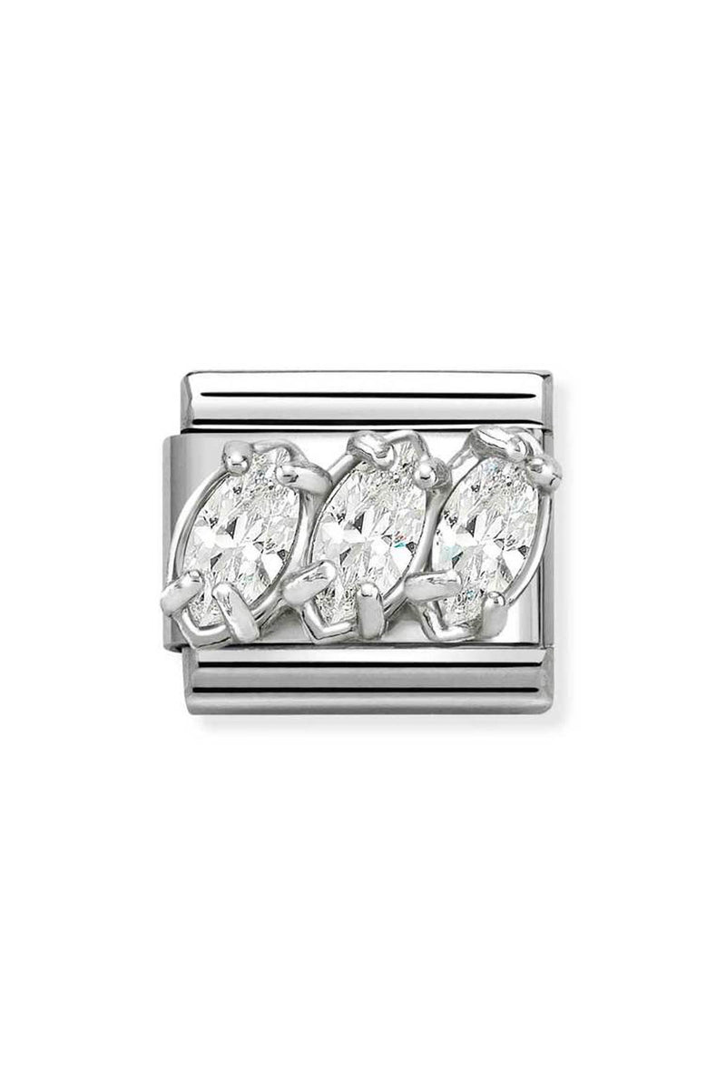 Silver charm with three clear marquise-cut gemstones.