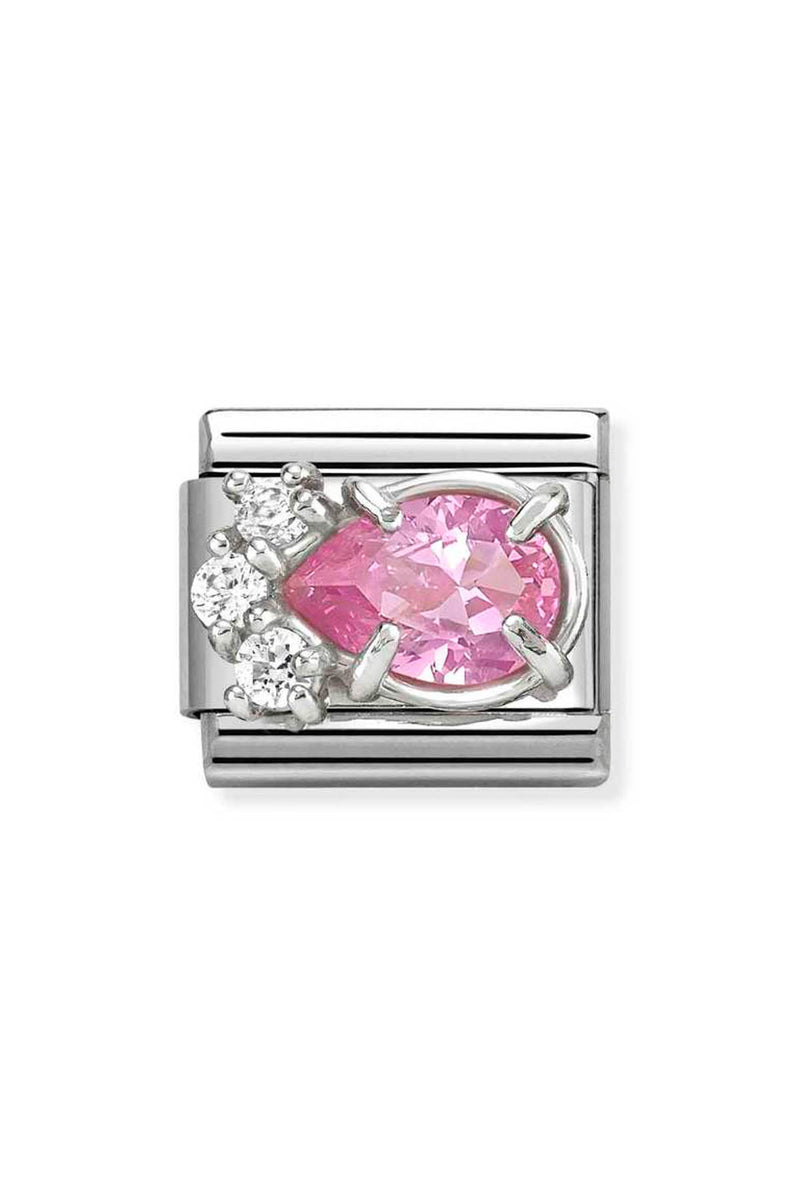 Silver charm with pink gem and white crystals.