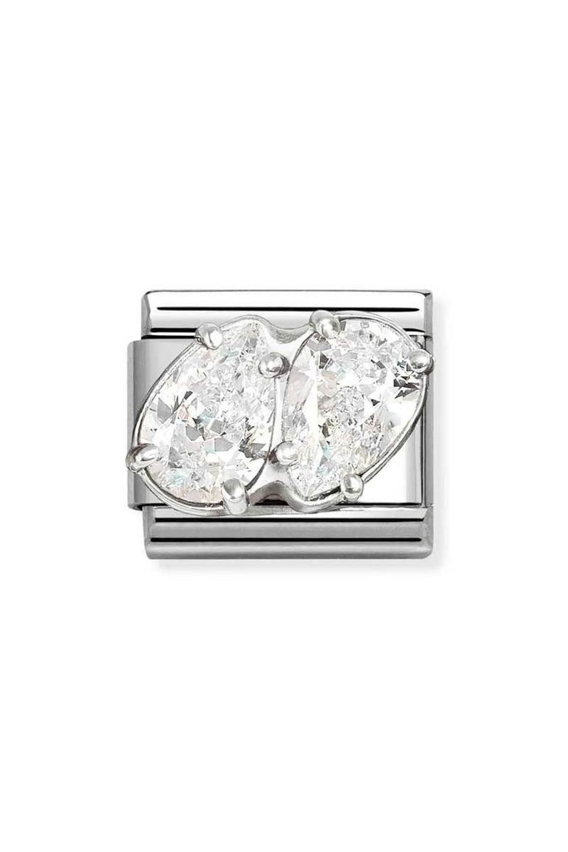 Silver charm with two white, pear-shaped gemstones.