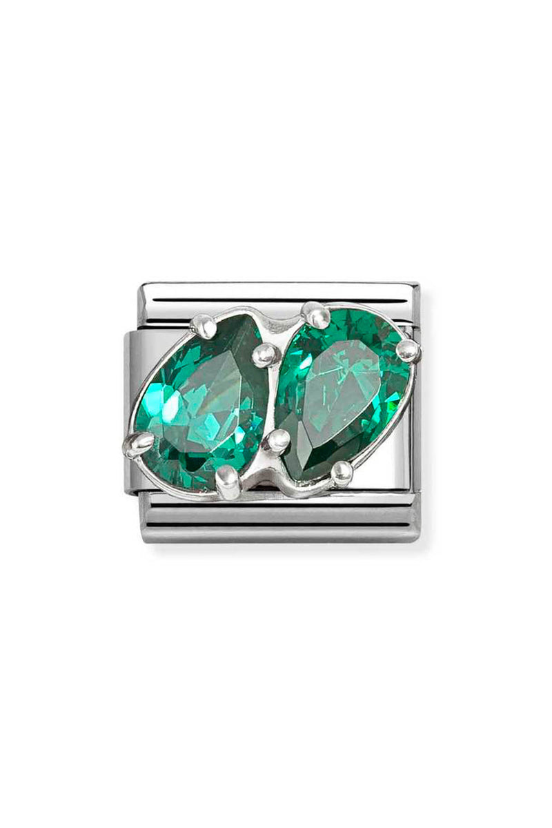 Silver link with two green teardrop jewels.