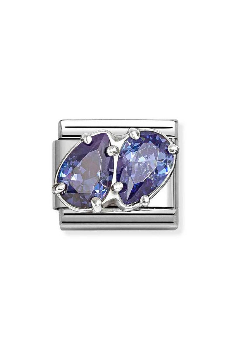 Silver charm with two purple pear-shaped gems.
