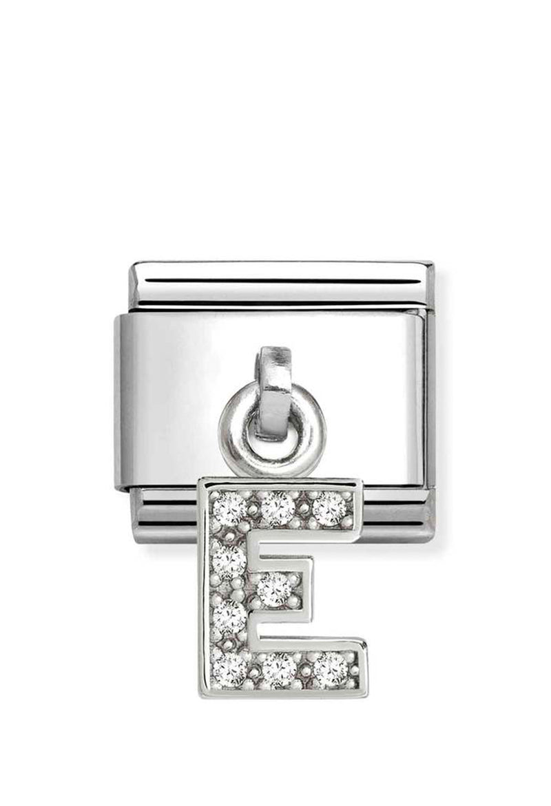 Silver charm with a letter E outlined in rhinestones.

