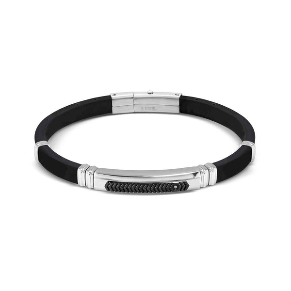 Mens City Silicone Chevron ID Bracelet-Steel/Black PVD