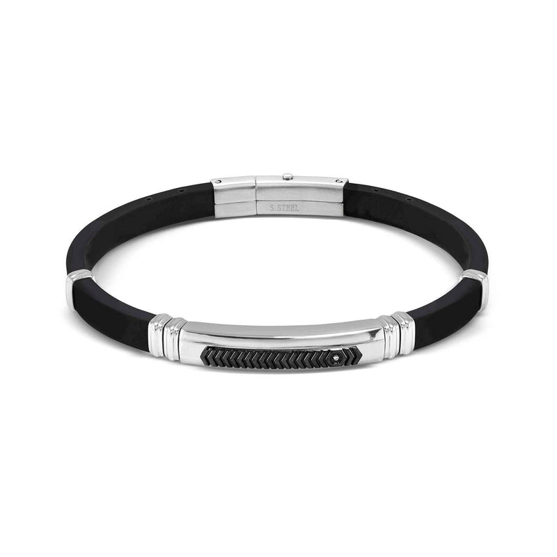 Mens City Silicone Chevron ID Bracelet-Steel/Black PVD