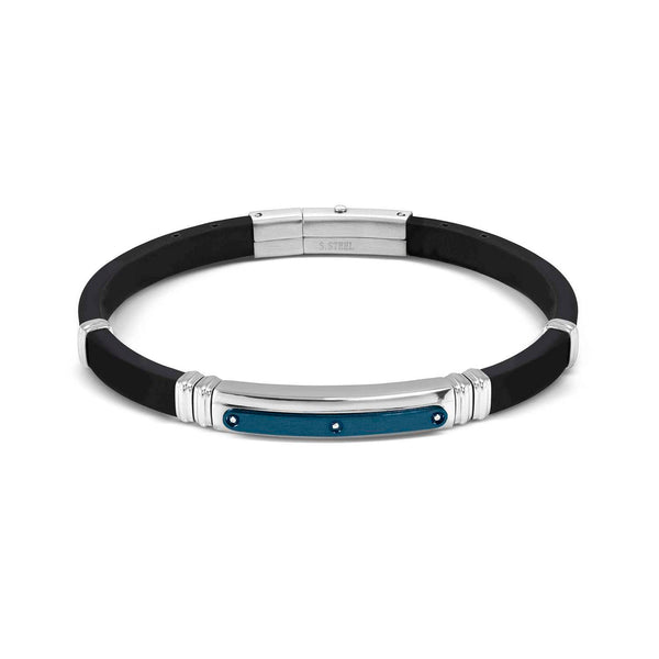 Mens City, Adjustable Silcone ID Bracelet-Steel,CZ,Blue PVD