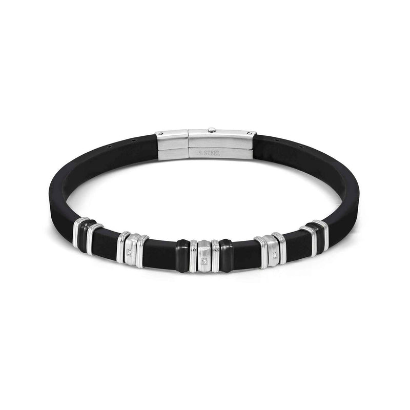 Mens City, Adjustable Silicone Bracelet-Steel,CZ,Black PVD