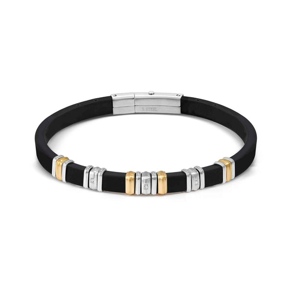 Mens City Silione Bracelet-Stainless Steel,CZ,Gold PVD