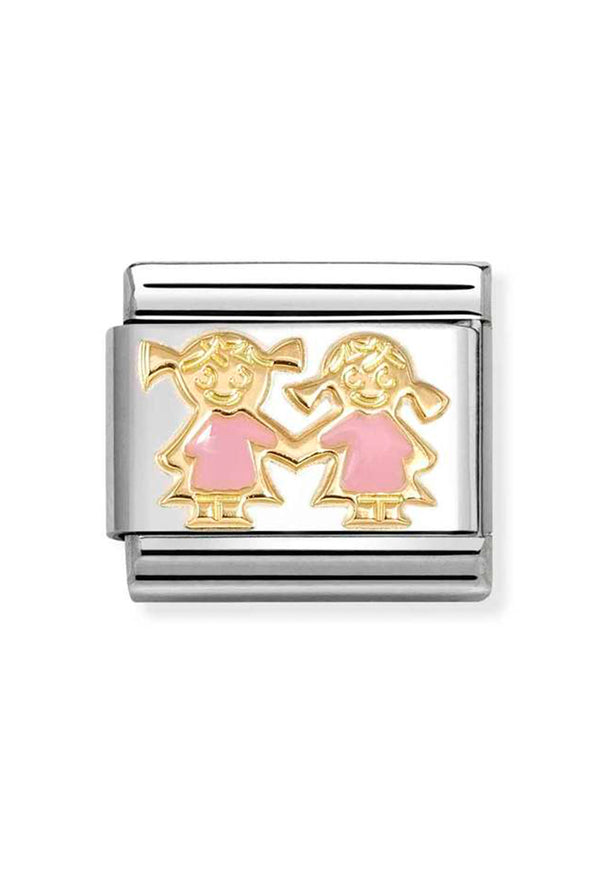 Nomination Composable Classic Symbols Pink Sisters in Steel, Enamel and 18k Gold