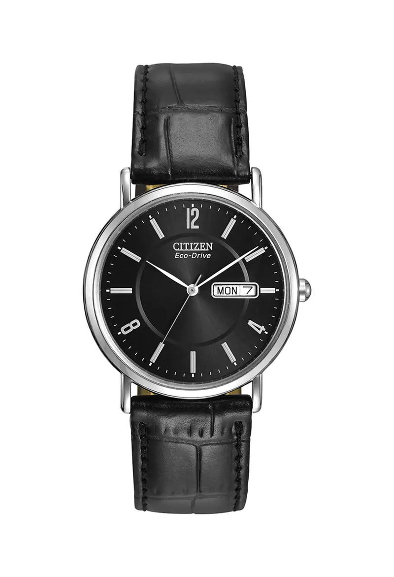 The Citizen Gents Eco-Drive Day/Date Black Dial Strap Watch, a silver stainless steel watch from Citizen, available at OD’s Jewellers in St Helens