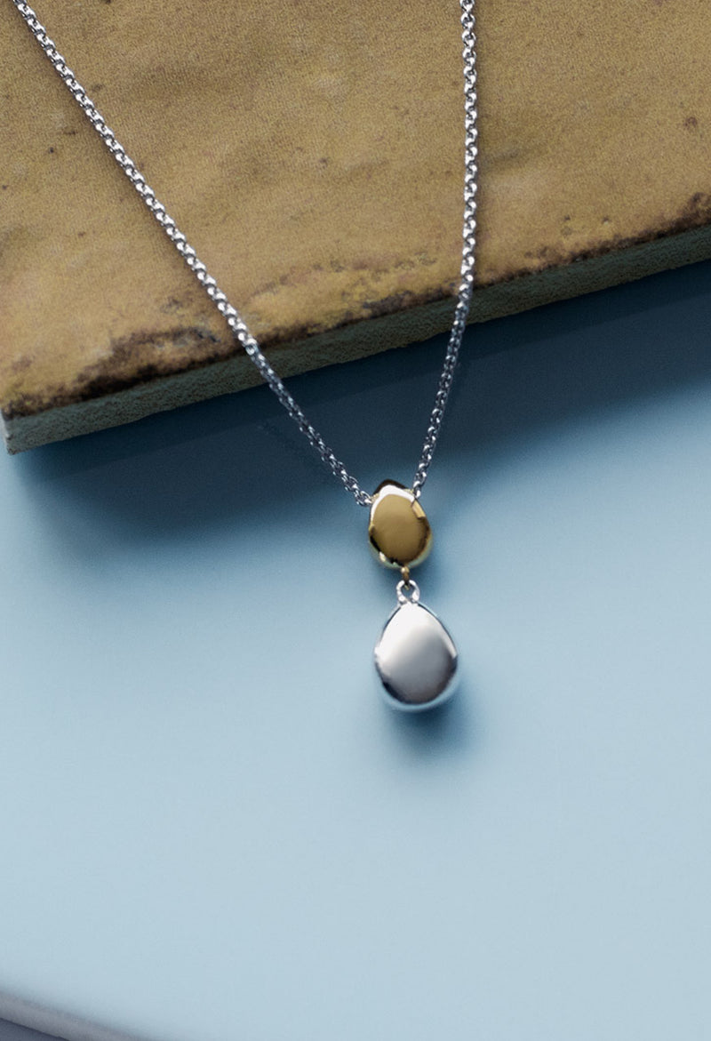 Kit Heath Coast Pebble Golden Double Droplet Necklace in Silver Gold Plated