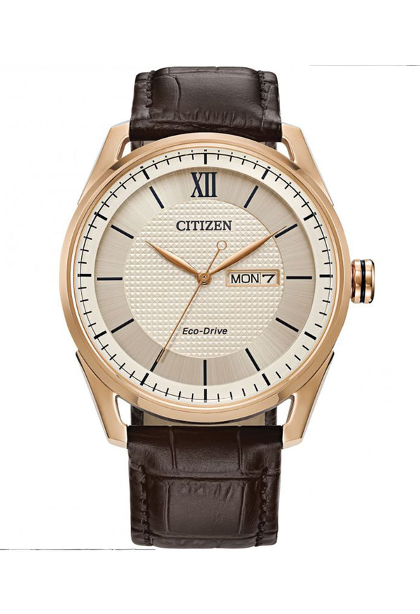 Citizen Gents Rose Gold Plated Eco-Drive Strap Watch
