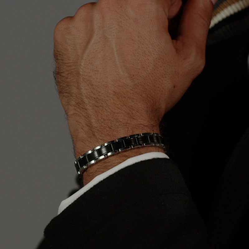 BOSS Mens Metal Link Essentials Bracelet Black and Stainless Steel