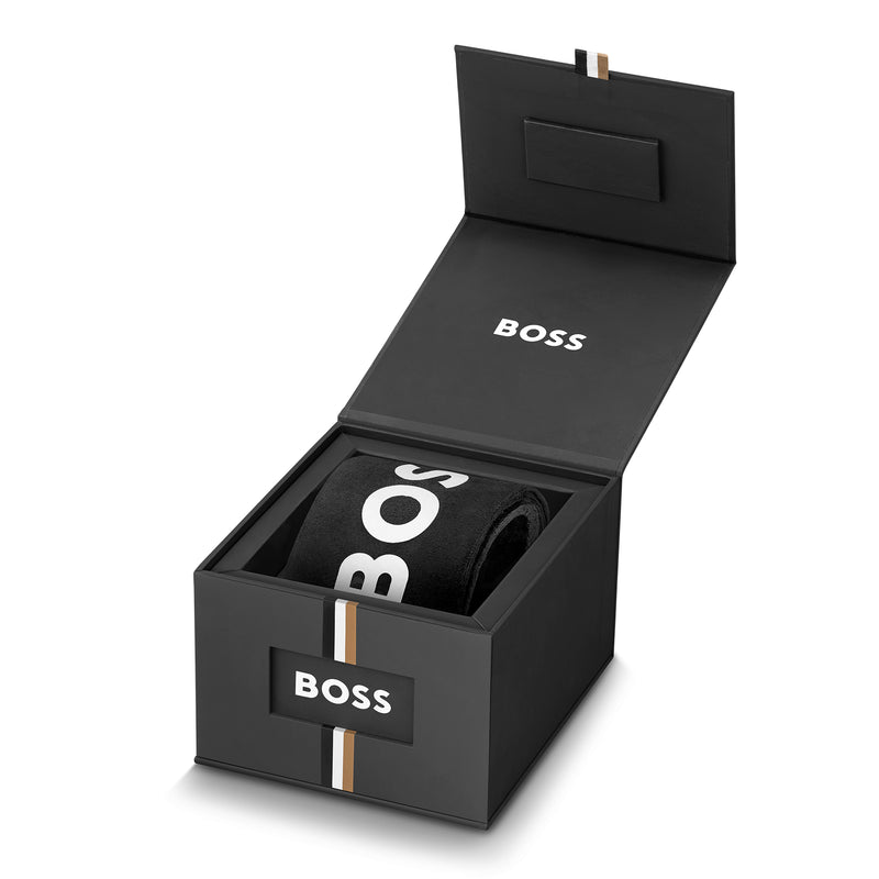 BOSS watch presented in branded gift box, showing logo on watch box and partially visible watch band.