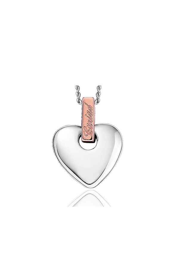 Clogau Cariad heart pendant in sterling silver, featuring a rose gold accent with the word "Cariad" engraved. Welsh gold