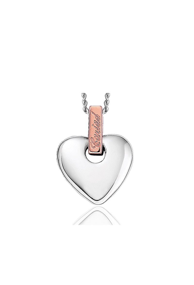 Clogau Cariad heart pendant in sterling silver, featuring a rose gold accent with the word "Cariad" engraved. Welsh gold