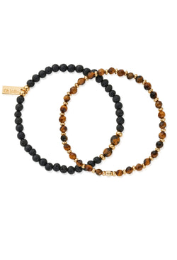 ChloBo Men's Black Lava & Tigers Eye (Set Of 2) Bracelet Silver Gold Plated