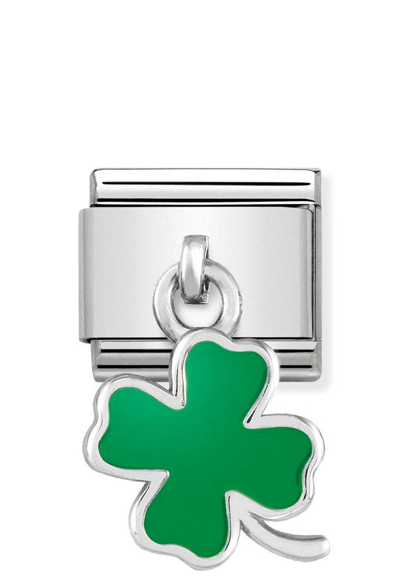 Nomination Composable Classic Link Charm Green Four-Leaf Clover Drop in Steel, 925 Silver and Enamel