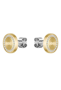 BOSS earrings with crystal accents showcasing gold-plated finish & stud design for women's jewelry collection.