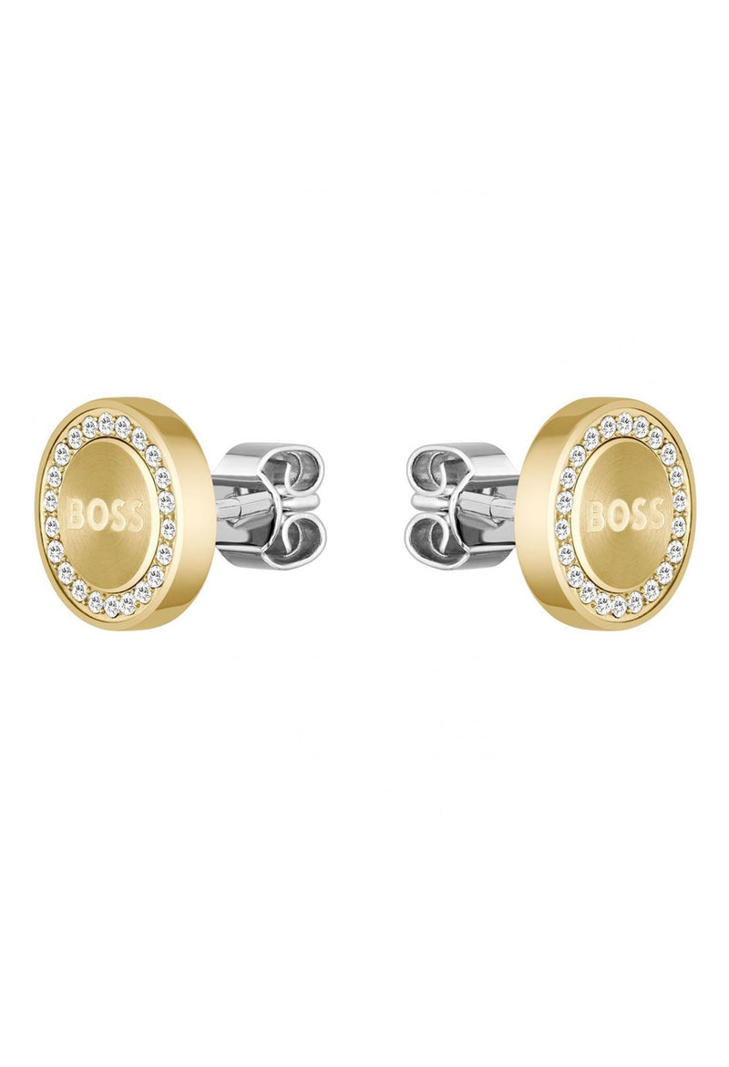 BOSS earrings with crystal accents showcasing gold-plated finish & stud design for women's jewelry collection.