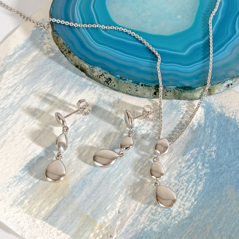 The Kit Heath Coast Pebble necklace and earrings set, a silver jewellery set from Kit Heath, available at OD’s Jewellers in St Helens