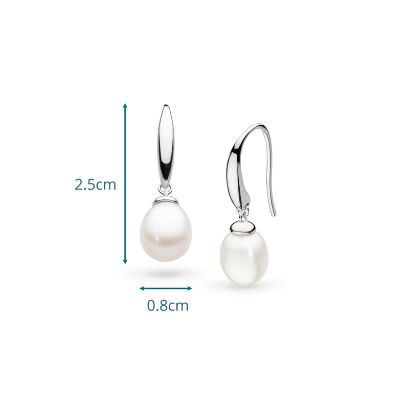 The Kit Heath Revival Classic Pearl Drop Earring, a white pearl silver drop earring from Kit Heath, available at OD’s Jewellers in St Helens