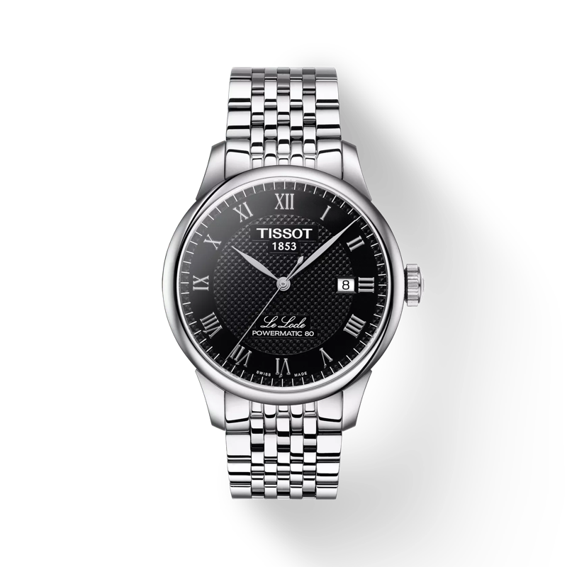 Tissot Mens Black Roman Numeral Dial Le Locle Powermatic 80 Bracelet Watch Stainless Steel
