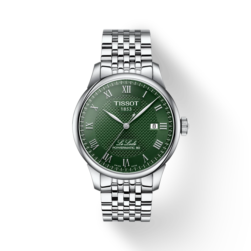 Tissot Mens Green Roman Numeral Dial Le Locle Powermatic 80 Bracelet Watch Stainless Steel