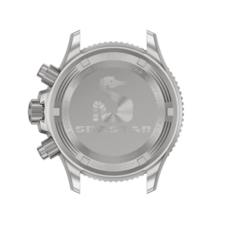 Tissot Seastar watch caseback detail, showcasing the seahorse emblem, "Sapphire Crystal", and "Water Resistant 30bar" text.