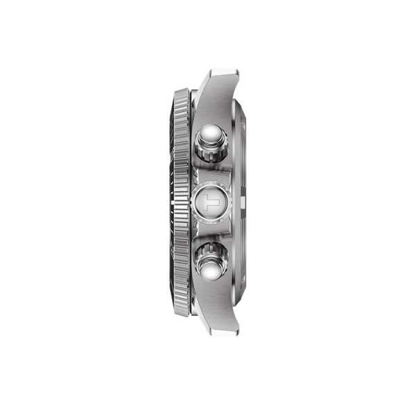 Side profile of the Tissot Seastar 1000 watch showcasing its chronograph buttons and brushed stainless steel case design.