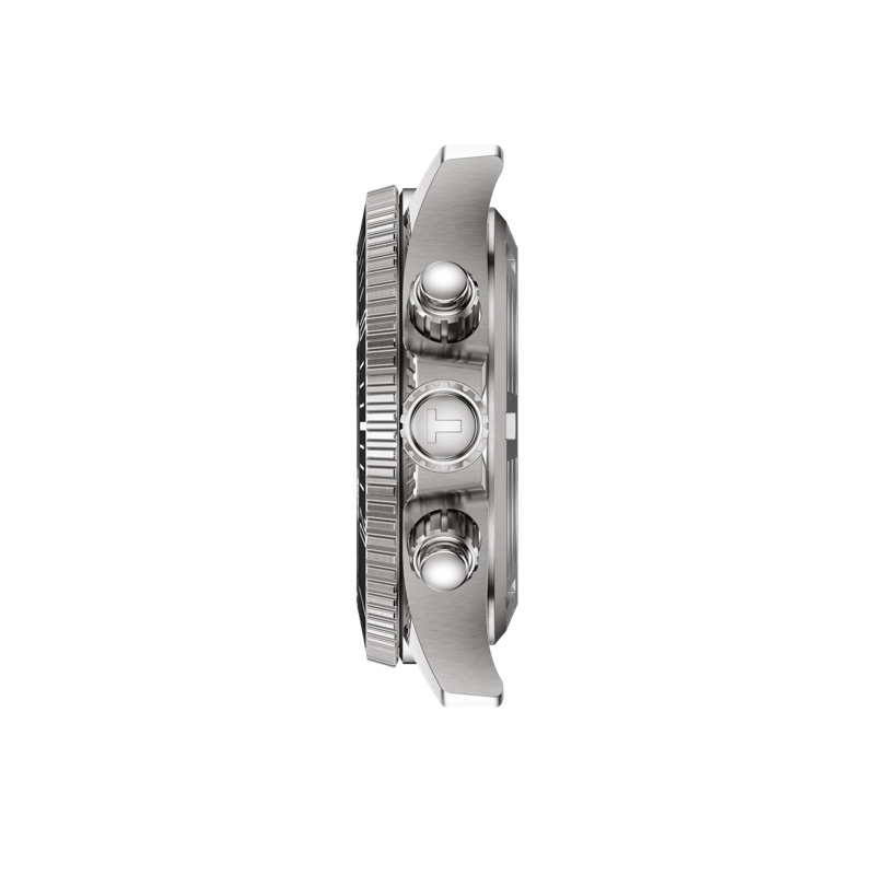 Side profile of the Tissot Seastar 1000 watch showcasing its chronograph buttons and brushed stainless steel case design.