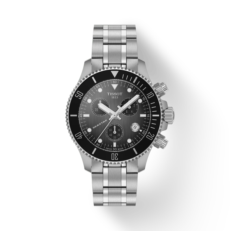Tissot Seastar 1000 watch displaying intricate dial details, including sub-dials and date window. Focus on high-quality