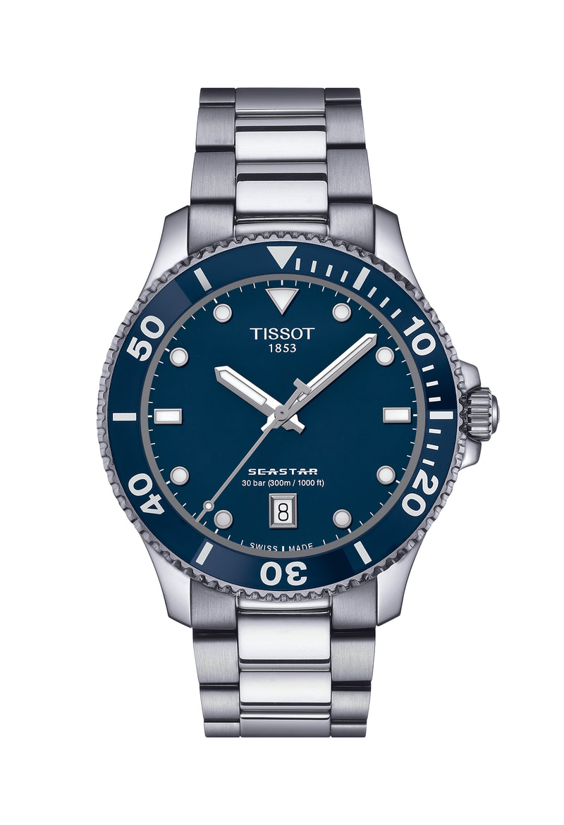 Mens Tissot 40mm Seastar 1000 Blue Dial Stainless Steel Bracelet Watch