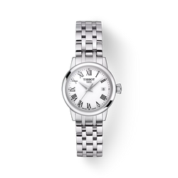 Close-up of the Tissot Ladies Dream watch showcasing its Roman numeral dial and elegant steel bracelet design.