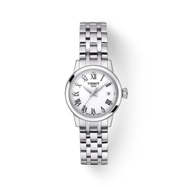 Close-up of the Tissot Ladies Dream watch showcasing its Roman numeral dial and elegant steel bracelet design.