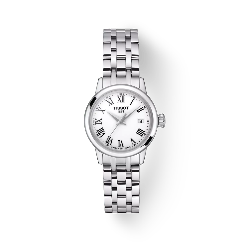 Close-up of the Tissot Ladies Dream watch showcasing its Roman numeral dial and elegant steel bracelet design.